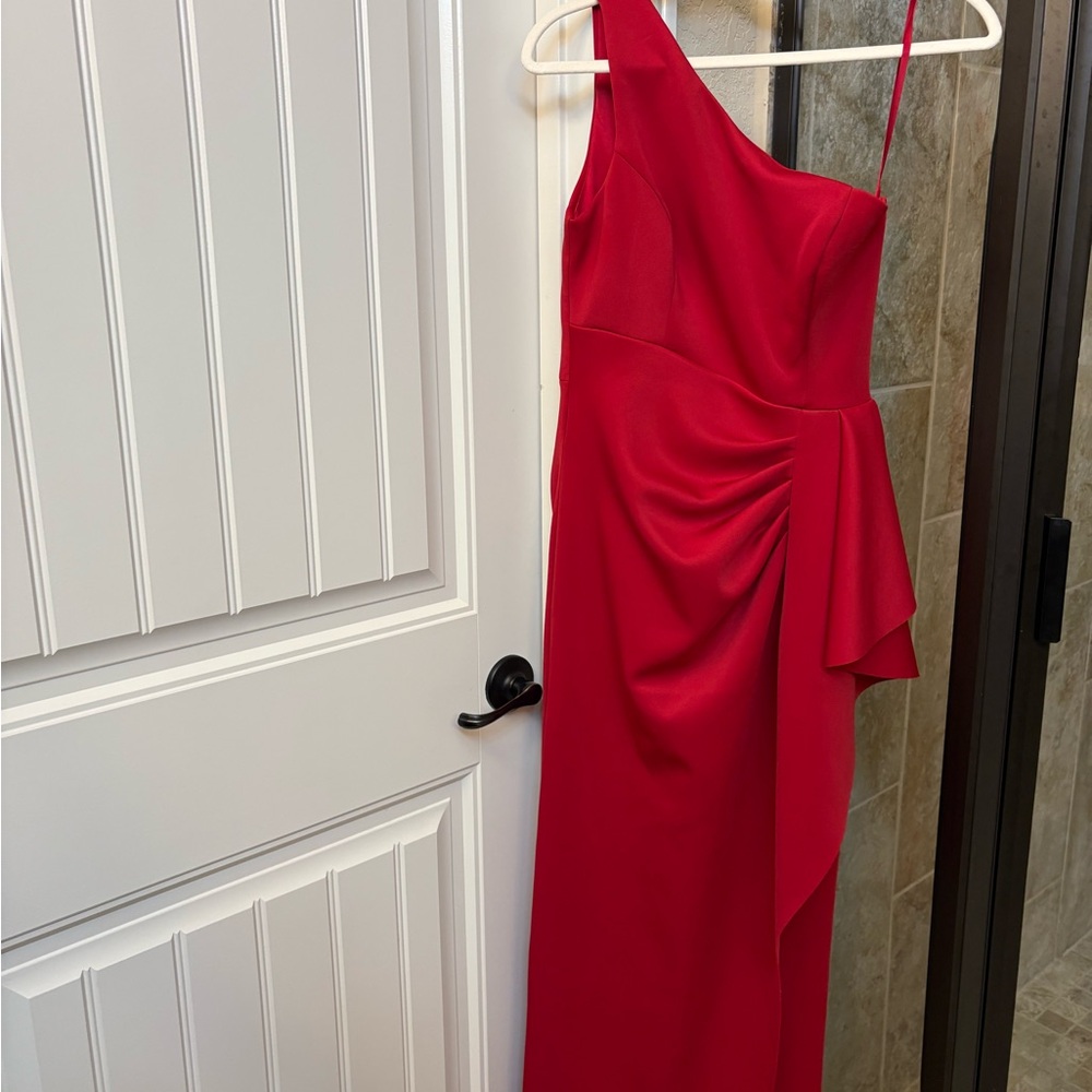 Xscape Red Asymmetrical Ruched Cocktail Gown